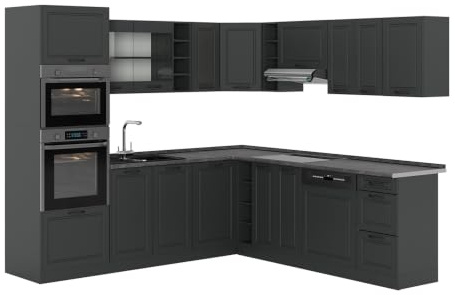 Vicco Eckküche R-Line, Anthrazit Landhaus/Anthrazit, 247 x 237 cm | 14 Module · Höhenverstellbare Füße · AP Anthrazit inkl. · MDF-Fronten · Mit Backofen-/Mikrowellenschrank