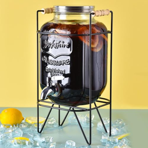Glass Drink Dispenser with Tap - 4L Glass Drink Container, Mason Jar Drink Dispenser,Vintage Glass Water Dispenser for Juices, Cocktails, Lemonade & Water (with Black Wire Stand)