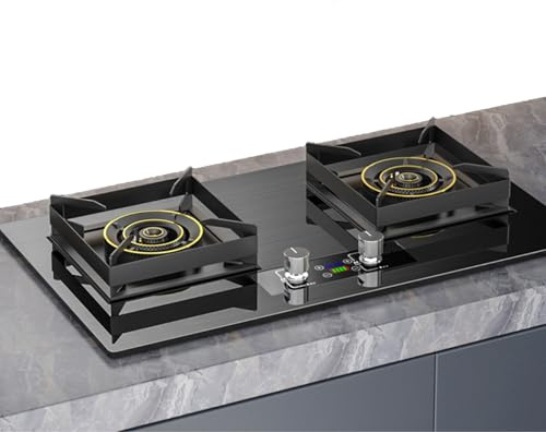 THEGA Fornello A Gas Propano A 2 Fuochi - Fornello A Gas Portatile in Vetro Temperato da 8,5 KW, Cucine A Gas da Tavolo E da Incasso, Fornello A Gas con Temporizzazione di 180 Minuti(LPG)