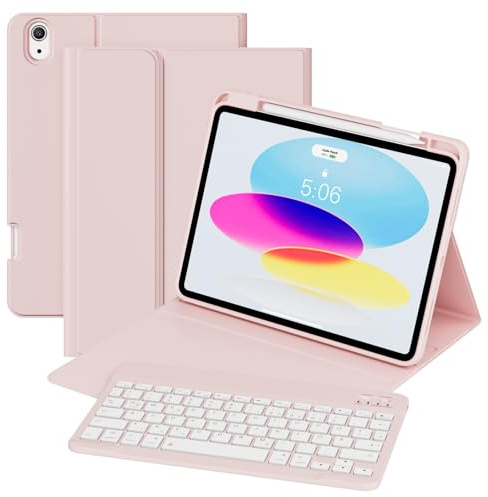 GKABXY Hülle mit Tastatur für iPad A16 11/10 Generation 2025/2022, 11/10.9 | Soft TPU Rückschale mit Stifthalte, Magnetische Bluetooth Abnehmbare ipad 11 hülle mit tastatur, QWERTZ Layout, Rosa