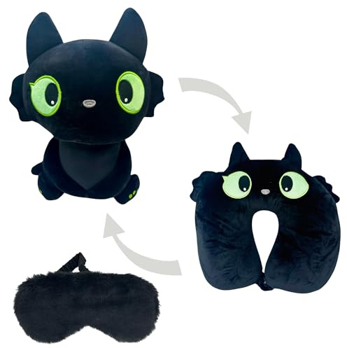 JB Travel World Ensemble coussin tour de cou et masque pour les yeux pour enfants – Oreiller de voyage 2 en 1 mignon chat noir pour avion, voiture et siestes