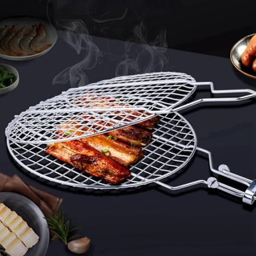 Filet de gril rond pliable en acier inoxydable, panier de barbecue portable pour poissons, légumes, crevettes avec poignée amovible