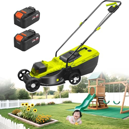 Tondeuse à Gazon Poussée Sans Fil Avec Bac De Ramassage 40 L, Tondeuse à Gazon à Batterie 40 V, Hauteurs De Coupe Réglables 30 Mm/50 Mm/70 Mm, Batterie 4000 Mah, Pour Jardins Et Pelouses,Battery*2