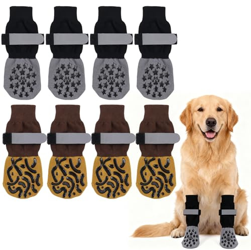 SENLINLIN 8 Stück Hundesocken Anti Rutsch Größe L | Pfotenschutz Hund mit Verstellbaren Klettverschlüssen | Stoppersocken Hunde Indoor Outdoor | Pfoten Socken Hundeschuhe - 4 Paar