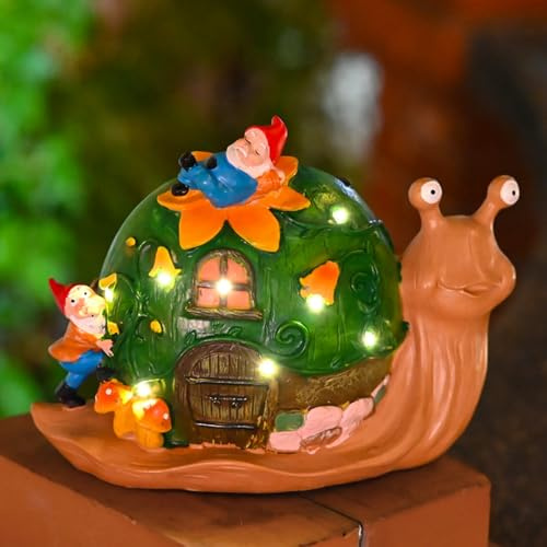 Sileduove Nain de jardin solaire en forme d'escargot avec fleurs LED en résine, décoration extérieure pour pelouse, patio, cour, allée, éclairage 22,9 x 18,8 x 12,9 cm