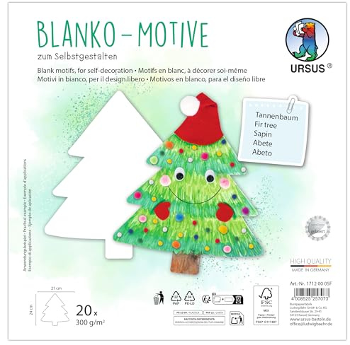 Ursus 1712 00 05F - Blanko Motive Tannenbaum, 20 Stück aus 300 g/m² Fotokarton, 24 x 21 cm, DIY Bastelpapier zum Ausmalen, Bekleben, Ausschneiden & Selbstgestalten
