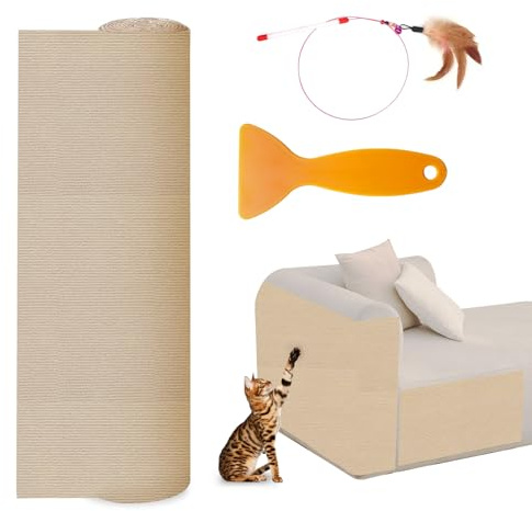 Kratzmatte Katze Selbstklebend,40x200CM, Katzen Kratzmatte DIY Trimmbarer, Couch Schutz, Kratzteppich Katze für Möbelschutz, Katzen kratzbretter(Kaki)