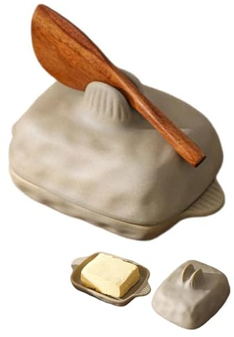 Beurrier en céramique avec couvercle et poignée, boîte à fromage, plateau à beurre, avec couteau en bois, hermétique, fond antidérapant, for cuisine, restaurant, passe au lave-vaisselle