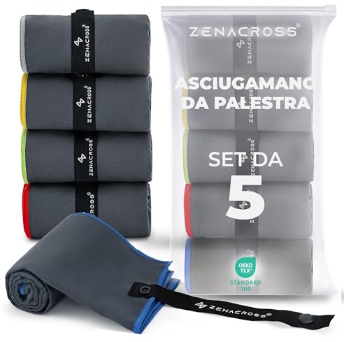 ZENACROSS Serviette Sport Microfibre Lot de 5, 40x77 cm- Serviette de Sport pour Musculation, Gym - Sechage Rapide & Ultra-Absorbant - Gris