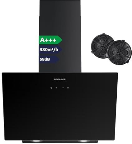 Soonye A+++ Dunstabzugshaube 60cm Umluft Kopffrei Schräghaube 380 m³/h mit Aktivkohlefilter,Touchscreen,Abluft Wandmontage Wandhaube Abzugshaube Kopffreihaube,Schwarz