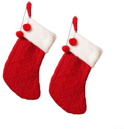 Wrenmor 2-Pack Cozy Knit Christmas Stockings Wool Holiday Fireplace Hanging Socks In Red Green White For Home Festive Decoration(Red)