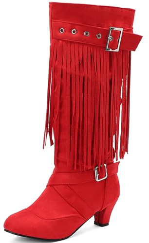 Smilice Bottes à franges pour femme - Bottes avec talon de 5,5 cm pour les fêtes et les excursions - Confortables, rouge, 41 EU