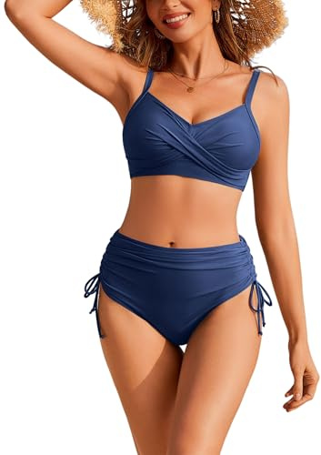 Ekouaer Bikini Sets for Women High Waisted Two Piece Swimsuits Twist Front Swimming Costume Tie Side Swimwear Bathing Suits