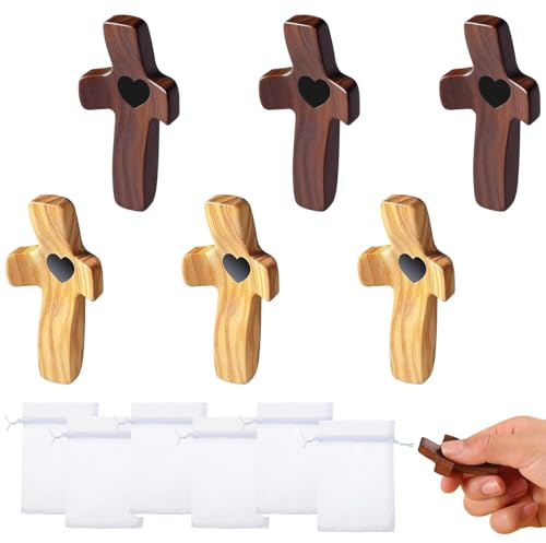 6 stycken snidade träkors, handsmickrare kors med hjärtan handsnidad kärlekskress, valnötsträ och vaxträd, handsnidad kärlekskress för böner meditation och avkoppling (5 x 2,5 c