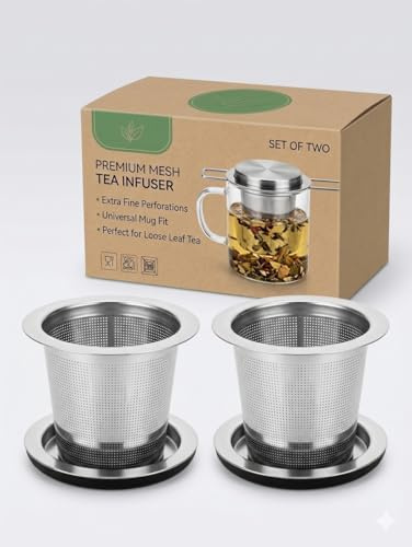 2 Pack Tea Infuser, 304 Stainless Steel Tea Strainer with Lid and Foldable Handle, Tea Filter for Teapots Cups Mugs to Brewing Steeping Loose Leaf