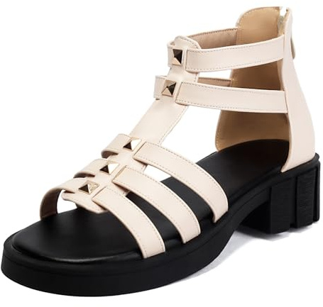 Gladiatorsandaler med dubbad plattform dam solid blockklack strumpeband öppen tå sommarskor för cocktailevenemang och helgutflykter, Beige, 44 EU