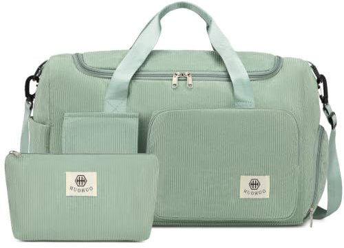 Suweir Sporttasche Damen Mädchen Cord Reisetasche mit Schuhfach Nassfach & Kosmetiktasche Einfarbig Weekender Travel Bag Leicht Handgepäck Tasche für Reisen für Schwimmen Sport Urlaub, Grün