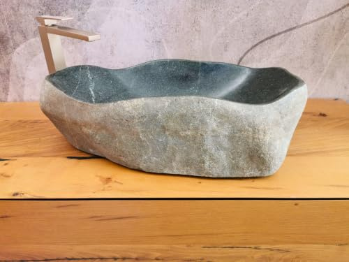 Lavandino Rustico in Pietra di Fiume 60x36x17 cm, Lavabo da Appoggio in Pietra Naturale, Pezzo Unico con Esterno Grezzo, Interno Levigato e Nuovo Foro di Scarico