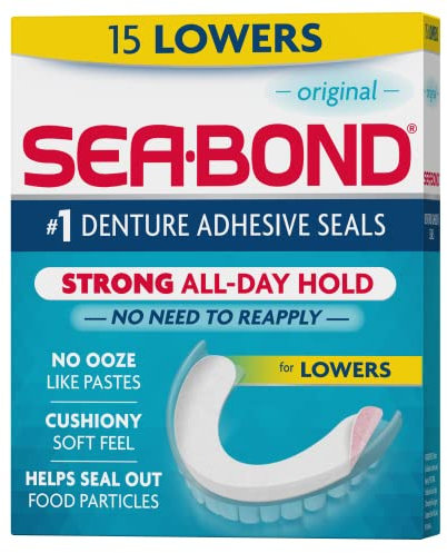 Sea Bond Secure Denture Adhesive Seals, Original Lowers, Zinc-Free, All-Day-Hold, Mess-Free, 15 Count (Pack of 1)
