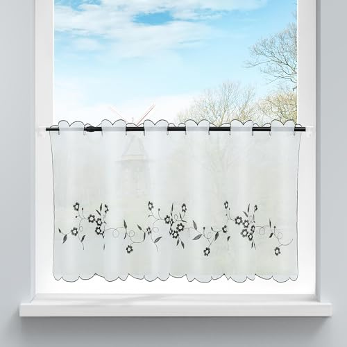 HongYa Scheibengardine Transparent mit Schlaufen und Blumenstickerei | Grau, H/B 45/90 cm, 1 Stück, lichtdurchlässig, pflegeleicht, mit Bogenkante, für Küche, Büro und Kleinfenster