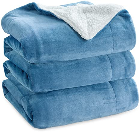 Säng Vändbar flanell/Sherpa filt 220x240cm - 135/150 100% extra mjuk mikrofiber säng filt - Himmelblå plysch filt