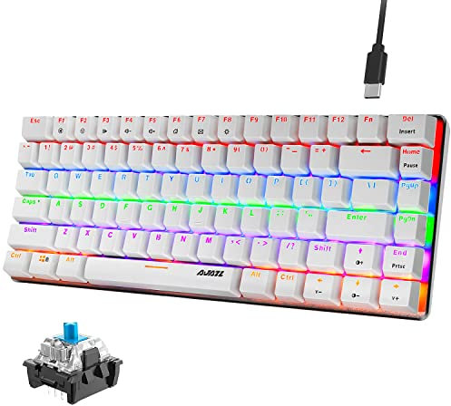 Hoopond Mechanical Keyboard, AK33 Rainbow LED Backlit USB Cable Gaming Mechanical Keyboard, 82-key Compact Mechanical Gaming Keyboard with Anti-ghosting Keys for Gamers & Typists(Blue switch, White)