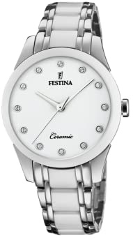Festina Damenuhr Analog aus Edelstahl 316l Weiß | Quarzwerk, Widerstandsfähiges Mineralglas, Wasserdicht 5 ATM F20499/1, Ceramic