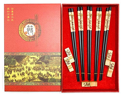 Mainiusi Essstäbchen Spülmaschinenfest 5 Paar Holz Essstäbchen Set mit Ruhe, Wiederverwendbar Essstäbchen Japanisches Naturholz mit Holz Keramikhalter Koreanische Essstäbchen Holz mit Geschenkbox