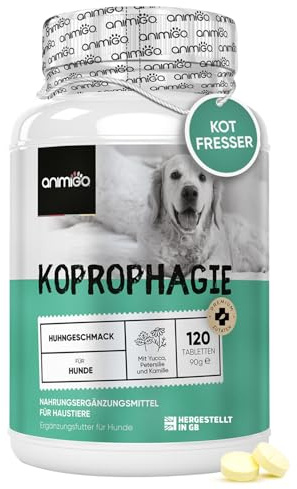 Koprophagie Tabletten - Fressen von KOT & Gras - Verbessert Magen-Darm-Aktivität, Verdauung - 120 Präbiotika & Probiotika Hund Tabletten - Huhngeschmack - animigo für Hunde