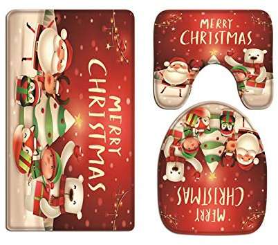 A.Monamour Badezimmer Badematte 3 Teilig Set Cartoon Weihnachtsfreunde Santa Claus Schneemann Urlaub Flanell WC Toilette Deckel Deckt Bad Matte Teppich Badteppiche Badvorleger Badgarnitur Vorleger