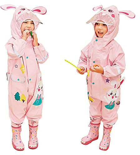 JinBei Niñas Chubasquero Impermeable Poncho de Lluvia Siamesa Abrigos Encapuchado Mono Rosa Conejo Dibujos 3D Animados Contra Viento y Lluvia al Aire Libre Transpirable Ligero 4-6 Años