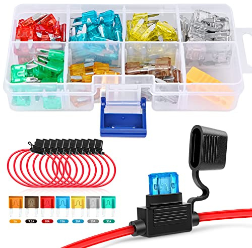 Nilight 120 PCS Mini ATM/APM Blade Fuse 5A/7.5A/10A/15A/20A/25A/30A AMP Assorted Set with 10 Pack 14AWG ATC/ATO Inline Fuse Holder