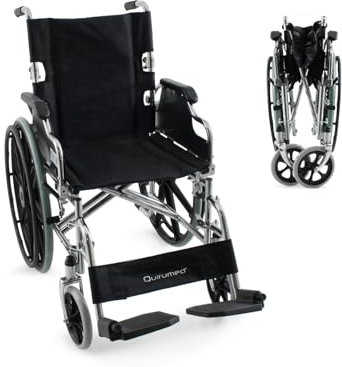 QUIRUMED PRO Rollstuhl aus Chromstahl, zusammenklappbar, Vollräder, klappbare Rückenlehne, klappbare Armlehnen, abnehmbare Fußstützen, Handbremsen