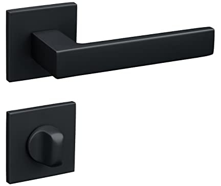 Gavroche Türgriffe Schwarz Matt Set WC/Bad | Türklinken für Innentüren | Drückergarnitur für Zimmertür mit eckiger Rosettengarnitur aus Aluminium Türbeschlag in L-Form
