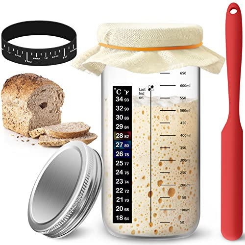Artcome Sourdough Starter Jar Kit - 24 Oz Container With Aluminum Lid, Date Marked Feeding Band, Silicone Scraper, Cloth Cover and Thermometer Band for Making Bread