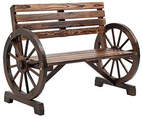 Outsunny 2-Sitzer Gartenbank, wetterfest Sitzbank, Gartenmöbel mit Rücken, Armlehnen im Rädernform Parkbank 240kg belastbar, Balkonbank, Holzbank für Balkon, Garten, 105,5 x 56 x 79 cm, Braun