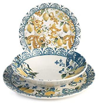 H&H Sicily Servizio Tavola, 18 Piatti, in Stoneware, Decorato, Multicolore