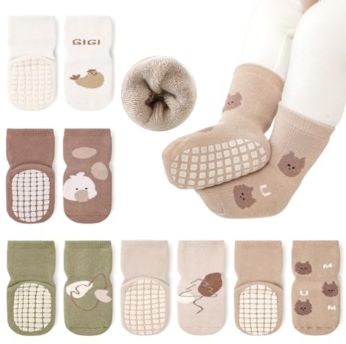 Auranso Baby Socks 5 Pairs Boys Winter Warm Terry Non Slip Grip Socks Girls Cartoon Pattern Thick Thermal Toddler Socks with Grips, Color-C, 6-12 Months
