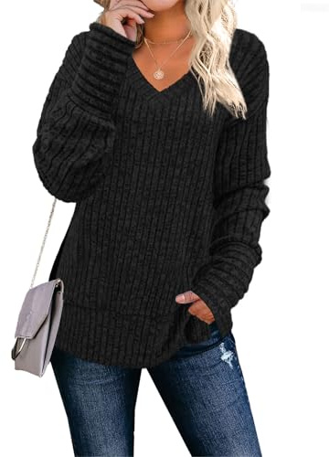 JomeDesign Tunic Sweaters for Women Long Sleeve V Neck Sweatshirt Casual Winter Clothees Black