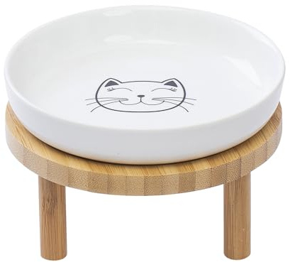 Lusifaco Keramik Katzennapf Erhöht, Erhöhung Katzen Futternapf (1er-Set) | Flach 15 cm Erhöhter napferhöhung mit Bambus ständer, Schnurrhaarfreundliche Fressnapf Kätzchen, Futterstation Katze