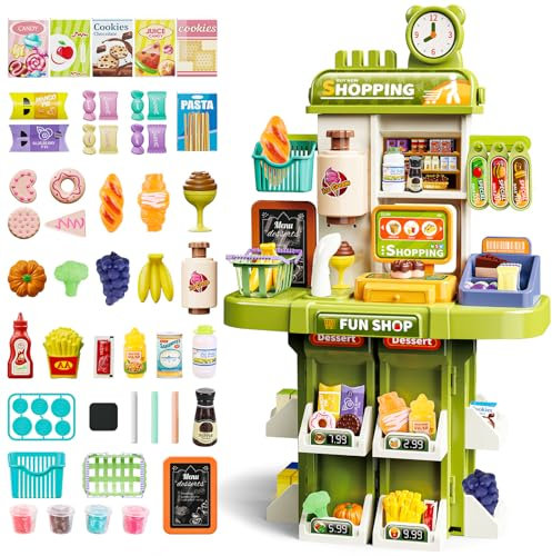 ​​deAO Supermarket Playset for Kids, 48 PCS Role Play Grocery Shop with Realistic Food, Scanner, Cash Register, Ice Cream Maker, Price Tag Shelves, Pretend Play Shop Toy Gift for Kids 3+​​ (Green)