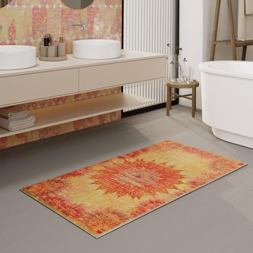 Wecon Home Healing Badteppich, 70 x 120 cm, gelb | waschbarer und rutschfester Vintage Badezimmerteppich mit orientalischem Muster, Eleganz und Komfort für jedes Bad