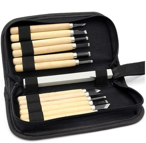 Set di strumenti per intaglio del legno di scalpelli per legno, kit di scalpelli per intaglio con manico in legno da 12 pezzi con pietre per affilare e custodia per artisti