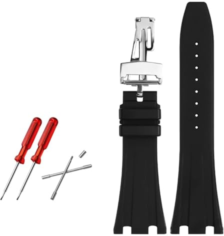 EAMOM Bracelet de montre en caoutchouc 28mm, pour AP 15703 26470SO Royal Oak Offshore, Bracelet de montre de sport pour hommes (Color : Black silver buckle, Size : 26mm)