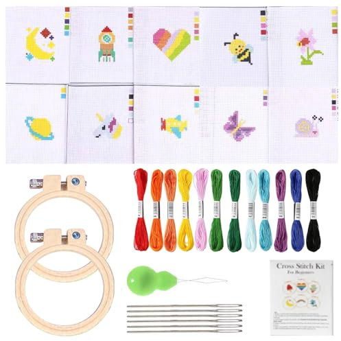 JSTHHTT 10 Pezzi Ricamo Starter Kit, Ricamo Starter Kit per Principianti, Kit per Punto Croce per Bambini, Telaio da Ricamo con Motivo, per Adulti, Bambini, Principianti