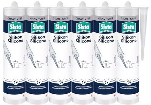 Sista Sanitär Silikon, elastischer, sauervernetzender Silikon-Dichtstoff, pilzhemmend und abriebfest, Fugen im Sanitär- und Feutraumbereichen, grau, 6x 280ml