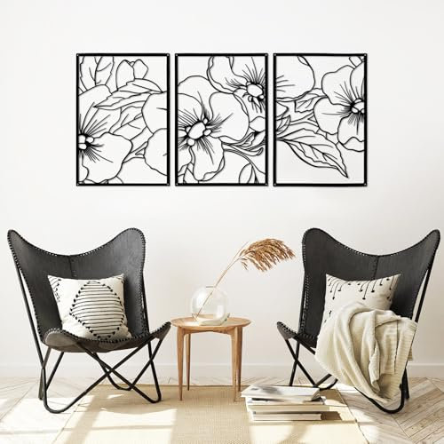 DETENE 3 pezzi Nero Decorazione da Parete in Metallo Decorazione da Parete Minimalista Art Scultura Parete Floreale per Camera da Letto Soggiorno Bagno Balcone Galleria