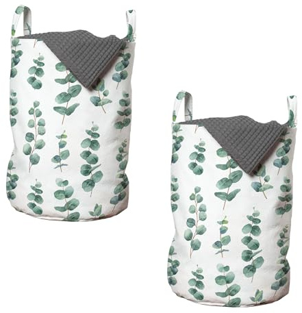 ABAKUHAUS Eukalyptus Wäschesack 2er Pack, Aquarell wie Blätter, Wäschekorb mit Griffen und Kordelzugverschluss, Zweierpack 33cm x 50cm,Laurel Grün Weiß