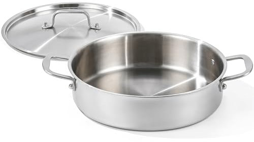 DELARLO Tri-Ply Stainless Steel 5 Quart Braiser Pan with Lid, 12 Inch, Silver, Up to 650°F, Compatible with All Cooktops
