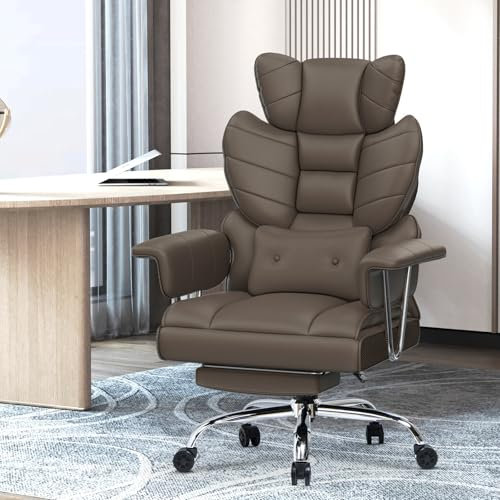 Racingreat Ergonomischer Bürostuhl mit ausziehbarer Fußstütze,Höhenverstellbarer Schreibtischstuhl,Große weiche Rückenlehne，Individuelle Lendenwirbelstütze，Chefsessel aus PU-Leder,Khaki